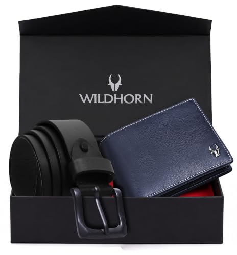 Image of WildHorn Gift Hamper for Men I RFID Protected Leather Wallet & Belt Combo Gift Set I Gift for Friend, Boyfriend,Husband,Father, Son Etc (Jade Black & Blue)