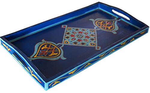 Handmade Moroccan Wood Tray Serving Painted Decorative with Handle for Tea Coffee Breakfast in Bed