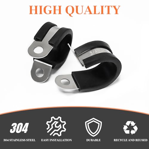 50pcs 3/8 Inch 304 Stainless Steel Rubber Cushioned Insulated Cable Clamps, Pipe Clamps, Metal Clamp, Wire Clamps for Tube, Lines, Automotive, Wire Cord Installation (Black, 10mm)