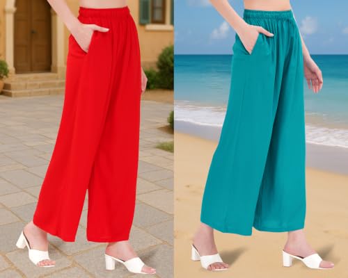 Image of Buy That Trendz Palazzo Pants for Women Rayon Elasticated Regular Fit Flared Wide Leg M to 6XL Pack of 2