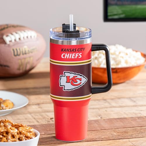 Image of NFL Kansas City Chiefs Stainless Steel Tumbler with Handle and Straw, 40oz Double Wall Insulated Cup with Lid, BPA-Free Water Bottle, Officially Licensed Football Travel Mug for coffee, tea