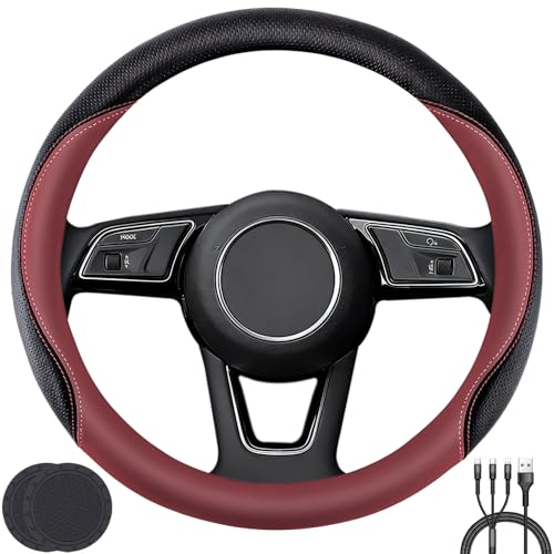 Car Steering Wheel Cover Non-Slip Soft Leather Protector for Steering Wheel with a Diameter of 14.5-15 with 2 Coasters and USB Charging Cable (Red)