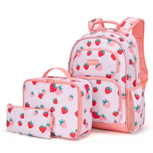 mommore Backpack for Girls 4-8 Kids Backpack Preschool Kindergarten Bookbag with Lunch Box Lightweiht School Bag for Students Travel Daypack (3 PCS Strawberry Pink)