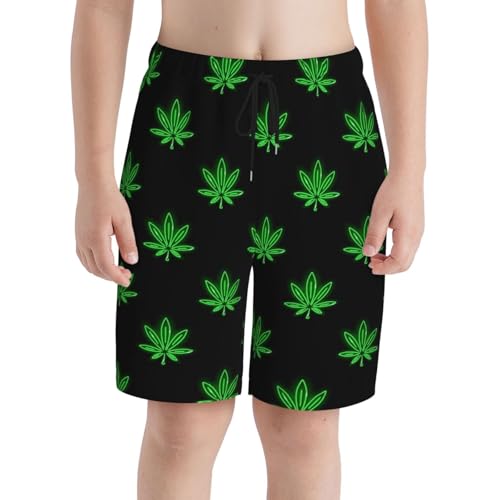 Boys Swim Trunks Neon Cannabis-Leaf Glowing Icons Black Kids Swim Shorts Quick Dry Beach Board Pocket3