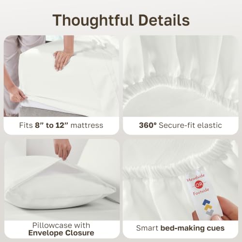 Image of California Design Den Twin XL Bed Sheets Set - Natural 100% Cotton Sheets with 12 inch Pockets, Soft Sateen Weave, Breathable and Durable Bedding Set for Dorm Rooms, College Ivory (Eggshell)
