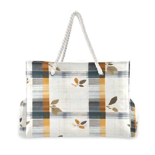 Beach Bag - Large Tote Bags for Women Fall Leaves Plaid Pattern Shoulder Bags Zipper Waterproof Sandproof for Travel Gym Swim Daily2