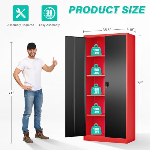 Image of SISESOL Wide & Deep Metal Storage Cabinet with Lock & Adjustable Shelves,72 inch Red Black Garage Storage Cabinet with Locking Doors,Lockable Cabinets for Home,Office,Shop,Garage,Basement 72x36x18