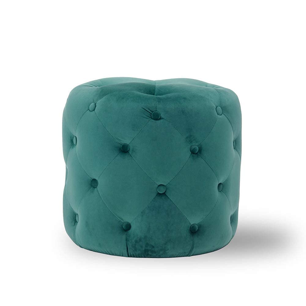 Ottoman rond en boucle verte avec cadre bois massif, tabouret chic et léger