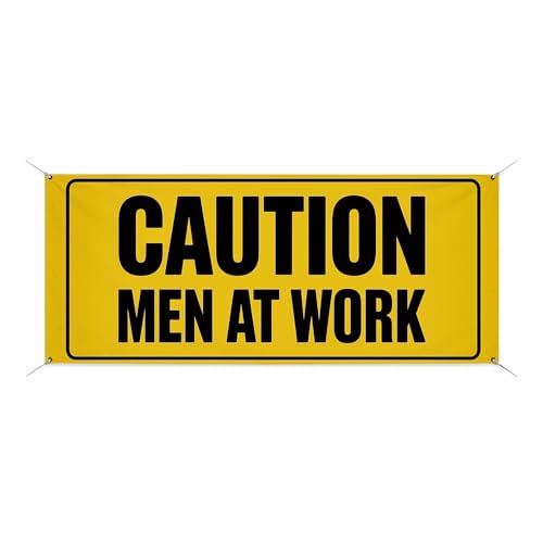 Caution Men at Work Large Banners and Signs for Outdoor by BCB Print | Construction Polyester Banner with 4 Hole for Easy Hang Indoor & Outdoor | 2.5x1ft Banner to Promote Business | HD Made in USA