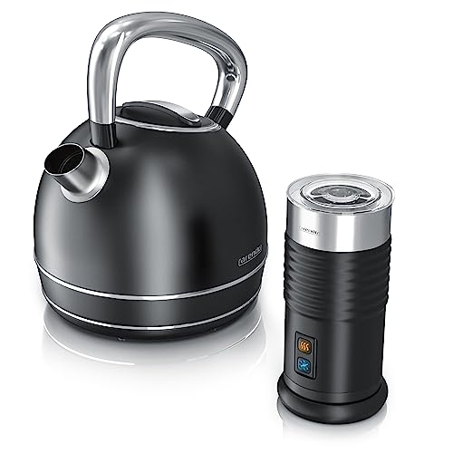 Arendo - Edelstahl 2200W Wasserkocher 1,7 L und elektrischer Milchaufschäumer doppelwandig für warmen und kalten Milchschaum - Schwarz