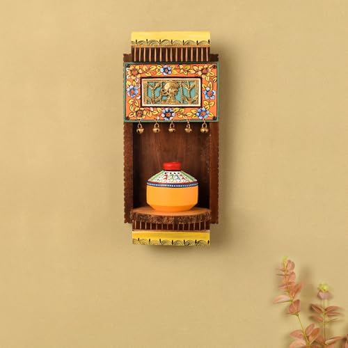 Image of AAKRITI ART CREATIONS Fusion Artistry Brown Hand-Painted Wall Shelf | Floral Wooden Shelves & Brass Wall Hanging Shelf | Matte Finish Decorative Shelf for Living Room, Bedroom & Gifting