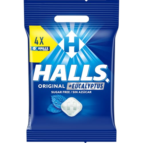 Halls Original Caramelos Sabor a Mentol y Eucalipto, Sin Azúcar, Paquete de 4 x 32 g