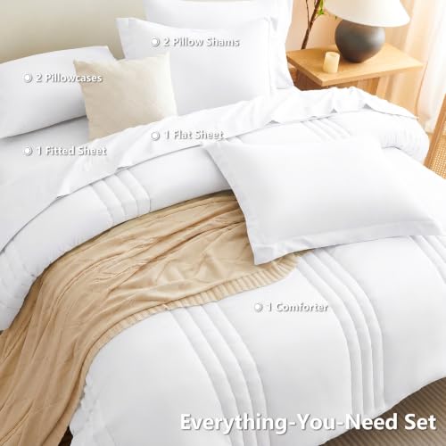 Image of CozyLux King Size Comforter Set White - 7 Pieces Bed in a Bag, Modern Vertical Quilted Room Decor, Soft All-Season Bedding Gift with Comforter, Sheets, Pillowcases & Shams