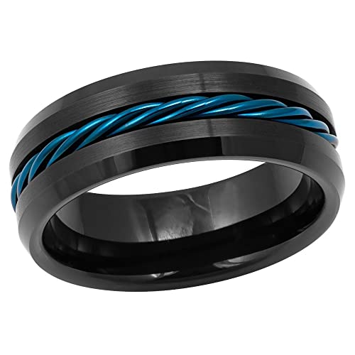 Kriskate & Co. 8Mm Men Wedding Tungsten Ring Groove Brushed Ring Blue Steel Cable Inlay Comfort Fit Tcr831 (12.5) #TOP1