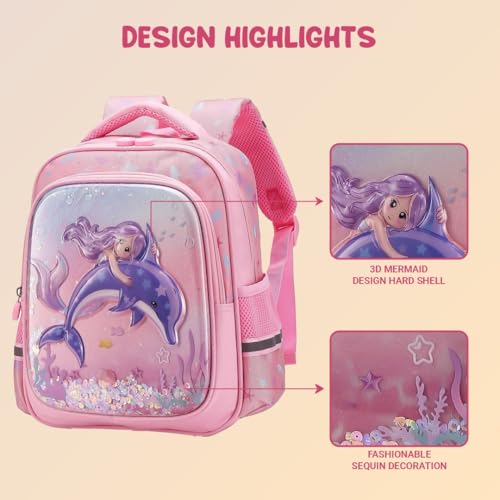 Elios Mermaid School Bag for Girls Age 3 to 6 Years Ideal for Preschool Nursery and Grade 1 to 3, High Desnity Nylon, Large Capacity Backpack Birthday Rakhi Gift for Kids - Image 4