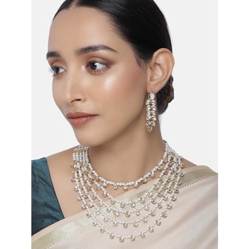 Image of Peora Faux Pearl Kundan Layered Necklace & Jewellery Set Gift for Women