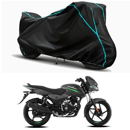 Image of Waterproof Bike Body Cover Compatible for | Bajaj Pulsar 125-Disc | Taffeta Fabric, Sky Piping Design, Bottom Elastic Fit | Dustproof, Sun UV & Rain Protection for All Weather.
