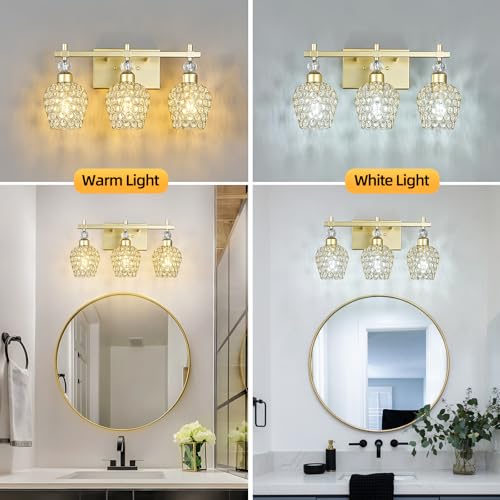 Image of Modern Crystal Bathroom Light Fixtures - Gold 3 Light Vanity Lighting with Crystal Wall Lamps Over Mirror