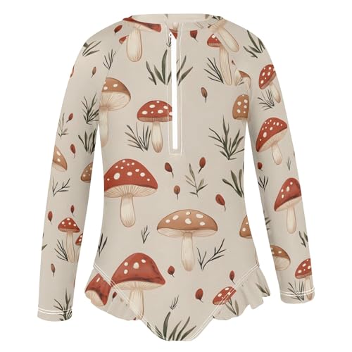 ALAZA Toddler Swimsuit Girl Bathing Suit Swimwear Rash Guard Mushroom Oatmeal Color Long Sleeve 3T2