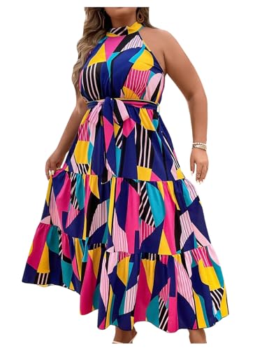 Image of Floerns Women's Plus Size Boho Sleeveless Halter Neck Tie Back A Line Long Dress
