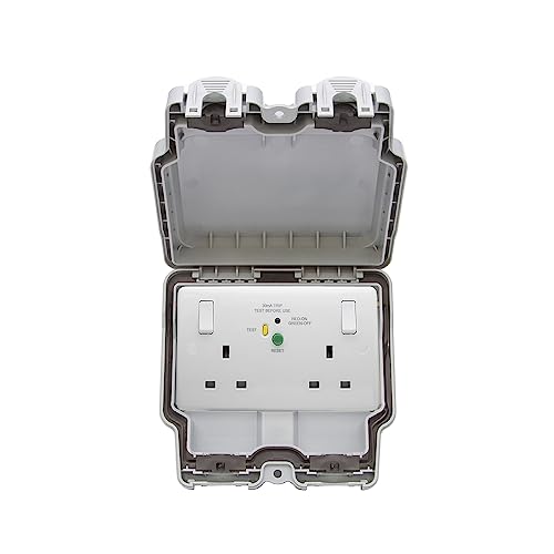 Image of Lieber Silk White 2 Gang RCD Outdoor Power Socket 13Amp RCD Latched-30mA Type A Double Pole IP66 Weatherproof Electrical Wall Outlet Outdoor Socket | Hard Standing All Weather and Storm Proof