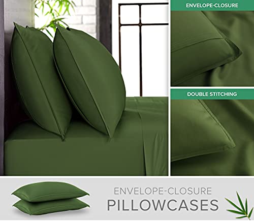 Image of Pure Bamboo Split King Sheets, Genuine 100% Organic Viscose Derived from Bamboo Bed Sheet Set, Soft & Cooling, Double Stitching, 2 Fitted Sheets (Split King, Pesto)