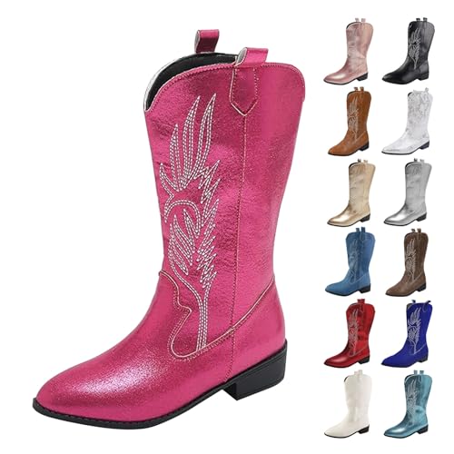 MJGkhiy Botas de Mujer Texanas Altas Western Boots Con Tacón Camperos Botines De Punta Negras Cowboy Botas De Invierno Ante Botín Piel Bota Cómodas, Rosa cálida., 37 EU