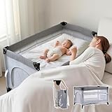 Simpolu ベビーベッド 折りたたみ サイド高さ調整可能 軽量 マットレス付 キャスター付き キャリーバッグ付 添い寝ベッド 折り畳み ベビーサークル 畳めるベビーベッド お昼寝マット コンパクト 新生児用 出産祝い 123cm (タイプL、ライトグレー)