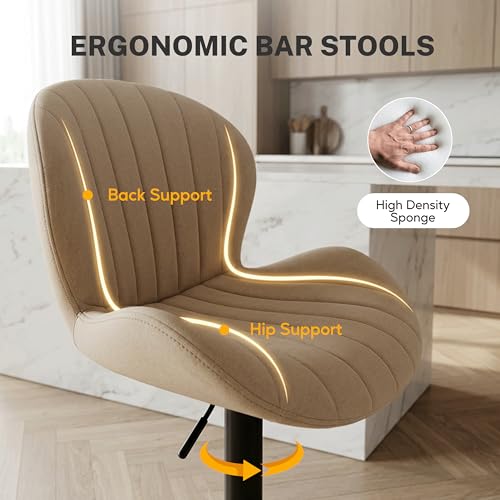 Image of HealSmart Bar Stools Set of 2, Adjustable Counter Height Swivel Stools, Modern Fabric Upholstered Bar Chairs with Backrest for Kitchen Island, Home Bar & Dining Area, Beige