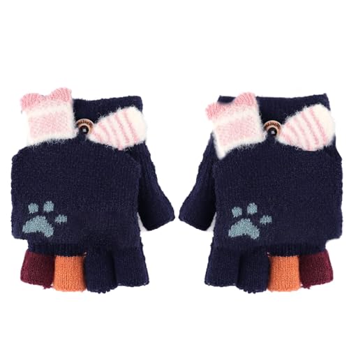 Kids Cute Cat Fingerless Glove Winter Knit Convertible Glove Children Half Finger Warm Glove Gift for Kids 3 to 6 Years