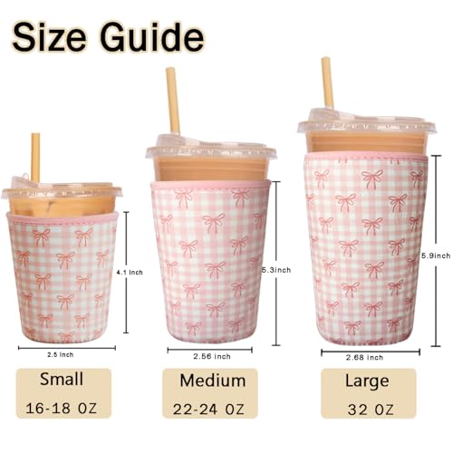 Image of Reusable Insulated Sleeve for Iced Coffee Cup, Coffee Neoprene Sleeve for Cold & Hot Drinks, Beverage Holder for Iced Coffee (Lovely Bows, Small: 16-18oz)
