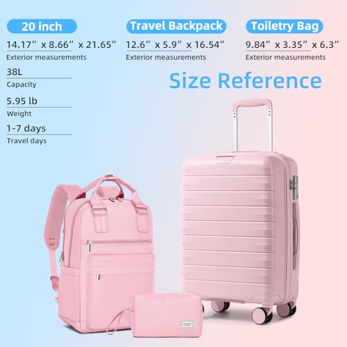 Image of LARVENDER Carry On Luggage 22x14x9 Airline Approved, Suitcases with Wheels | Hardside PP Carry On Suitcase with Backpack, Luggage Sets for Women Men, TSA Lock, Light Pink