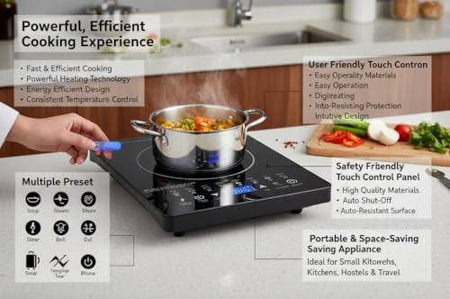 Image of Exxelo 10 Year Warranty 2000W Induction Cooktop with Touch Control, Digital Display, Preset Cooking Modes, Energy Efficient Electric Stove, Portable Induction Cooker for Home Kitchen Fast Heating