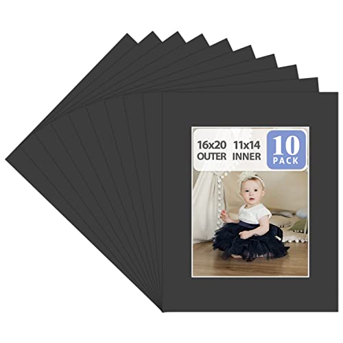 Pack of 10 16x20 BLACK Picture Mats with White Core Bevel Cut for 11x14 Pictures