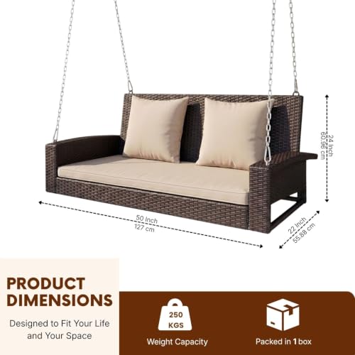 Image of DEVOKO All Weather Resistant Rattan Wicker Double Seater Sofa Swing with Cushions for Garden, Poolside, Terrace, Balcony (Dark Brown & Cream)