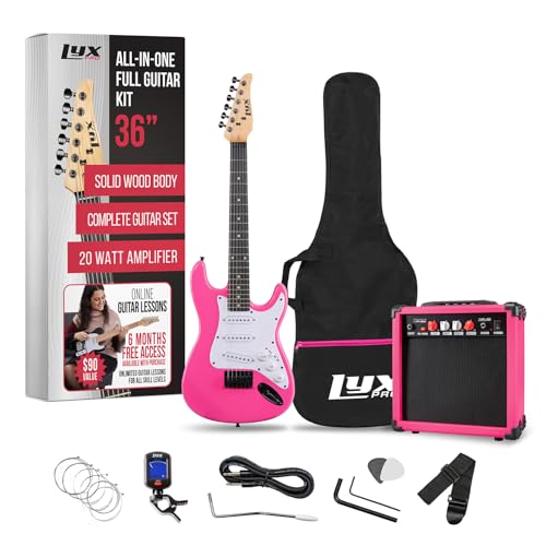 LyxPro 36 Inch Electric Guitar and Kit for Kids with 3/4 Size Beginner’s Guitar, Amp, Six Strings, Two Picks, Shoulder Strap, Digital Clip On Tuner, Cable and Soft Case Gig Bag -Pink