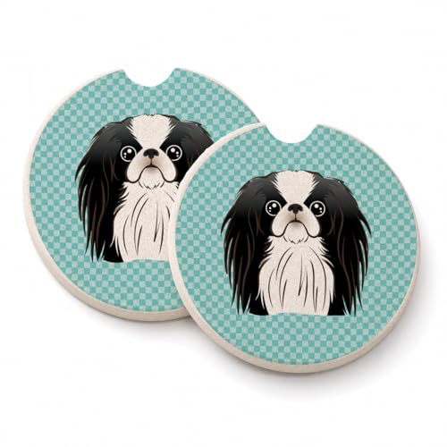 Caroline's Treasures BB1168CARC Checkerboard Blue Japanese Chin Set of 2 Cup Holder Car Coasters Absorbent Sandstone Coasters for Car Cup Holders Gifts for Men or Women, Large, Multicolor