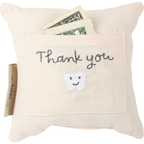 Image of Primitives by Kathy Tooth Fairy Pillow, 5x5-Inch Cotton Linen Keepsake with Back Storage Pocket, Embroidered Bright Rainbow Design