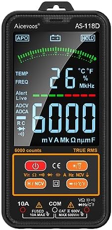 AS-118D Smart Digital Multimeter Auto-Ranging Voltmeter Electrical Tester Measures Voltage Current Capacitance Resistance Continuity Duty-Cycle Temperature Frequency(Black)