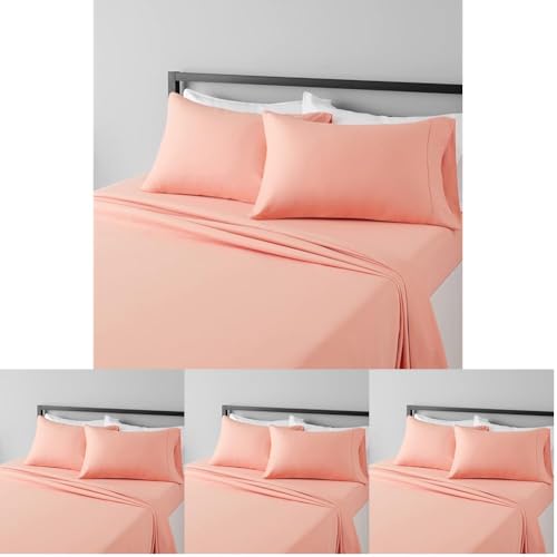 Image of Amazon Basics Lightweight Super Soft Easy Care Microfiber 4-Piece Bed Sheet Set with 14-Inch Deep Pockets,Includes Comfortable Pillowcases,Queen,Peachy Coral,Solid,(Pack of 4)