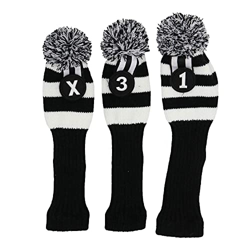 HISTAR 3-teiliges Set Golfschläger-Pom-Pom-Strickbezug für Fahrer, Fairway-Holz und Hybrid-Schlägerhauben, schwarz