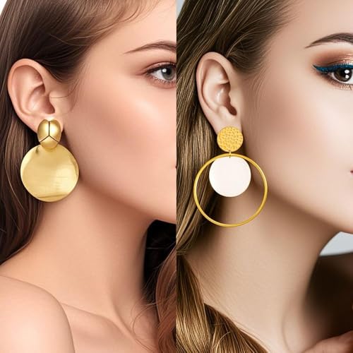 11 Pairs Big Disc Drop Earrings Gold Dangle Earrings Round Hammered Statement Earrings For Women Set2