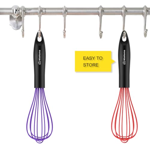 Image of NileHome Silicone Whisk Set 10 inch, 2 Pack Kitchen Whisk Kitchen Wisk Wire Whisks for Cooking, Whisking, Blending, Beating, Stirring-Purple Red