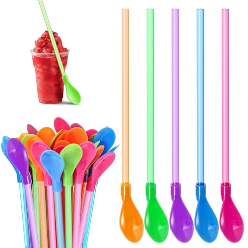 15 Pcs Plastic Straws, Slush Straws, Colored Straw Spoon 2 in 1, Reusable Straws, Reusable Straws Spoon Suitable for Smoothies Milkshakes Coffee Cocktail