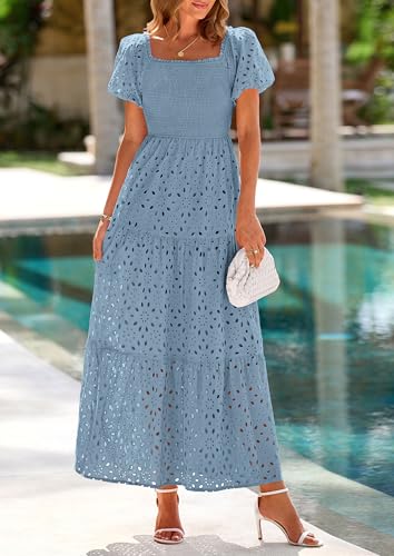 Image of PRETTYGARDEN Summer Dresses for Women 2026 Eyelet Square Neck Puff Sleeve Smocked Wedding Guest Maxi Dress with Pockets