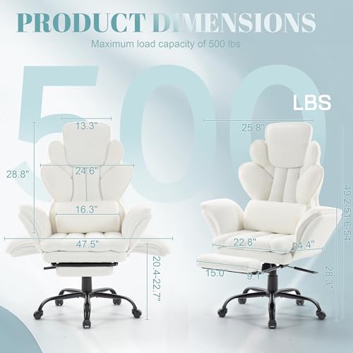 Image of Flip Armrests Criss Cross Office Chair, Reclining Office Chair with Foot Rest, Adjustable Headrest, Massage Waist Pillow, Cross Legged Big and Tall Desk Chair Wide Seat Vanity Chair, White Fabric
