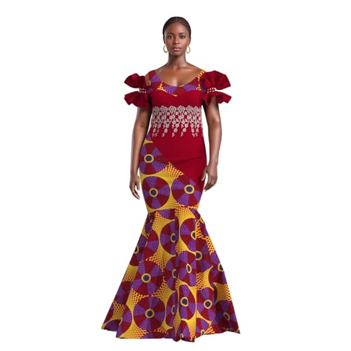Image of iooiooi Womens Elegant Ankara Maxi Mermaid Dress Lace Decorated African Gowns