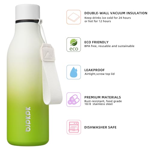 Image of BJPKPK Insulated Water Bottles, 18 oz Stainless Steel Metal Water Bottle with Strap, BPA Free Leak Proof Jugs, Mugs, Flasks, Reusable Thermal Flasks for Sports & Travel, Elegant Green