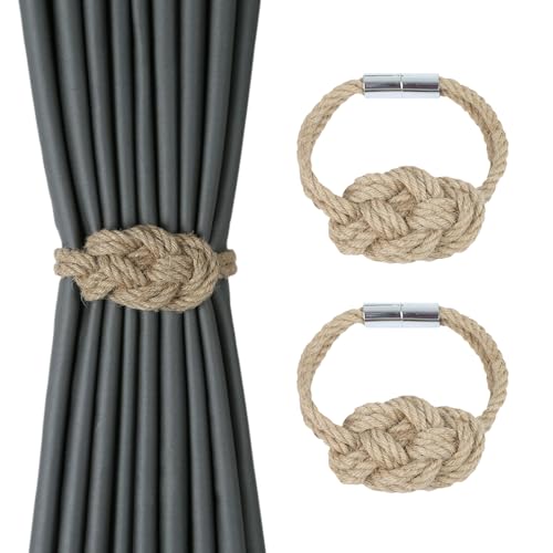 HedongHexi 2 Pack Natural Jute Magnetic Curtain Tiebacks, Boho Rustic Style Decorative Curtain Ties Backs for Home & Office Drapery