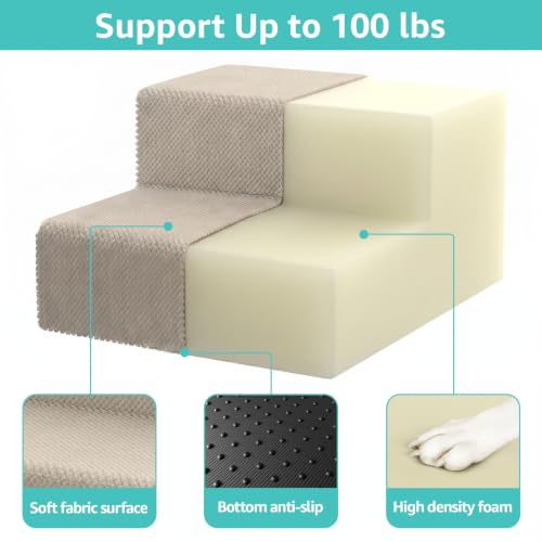 Image of YENING Large Dog Stairs for High Beds - Extra Wide Pet Steps for Large Dogs to Get on Tall Bed 3 Deep Step Cat Ramp for Couch 2 Steps Beige